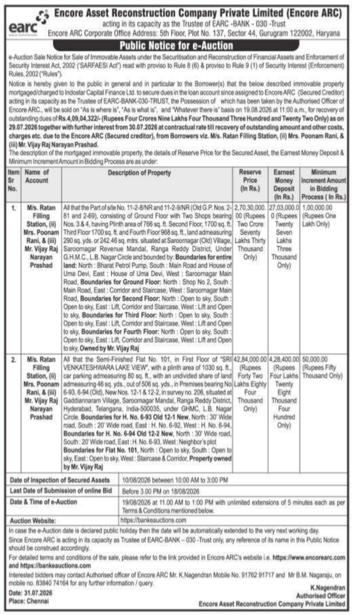 Public Notice for E-Auction by Encore Asset Reconstruction Company