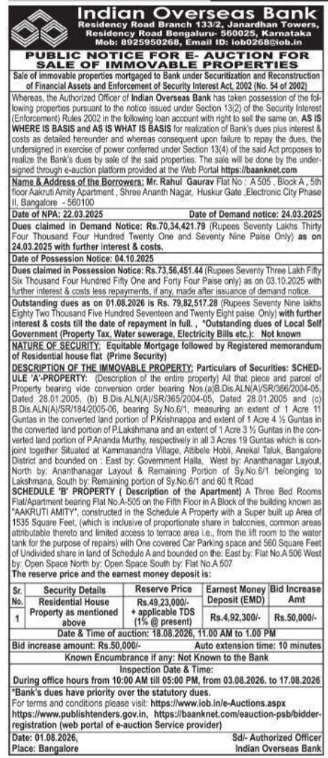 Public Notice for E-Auction of Immovable Properties (Indian Overseas Bank)