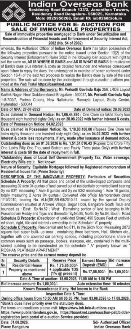 Public Notice for E-Auction of Immovable Properties (Indian Overseas Bank)
