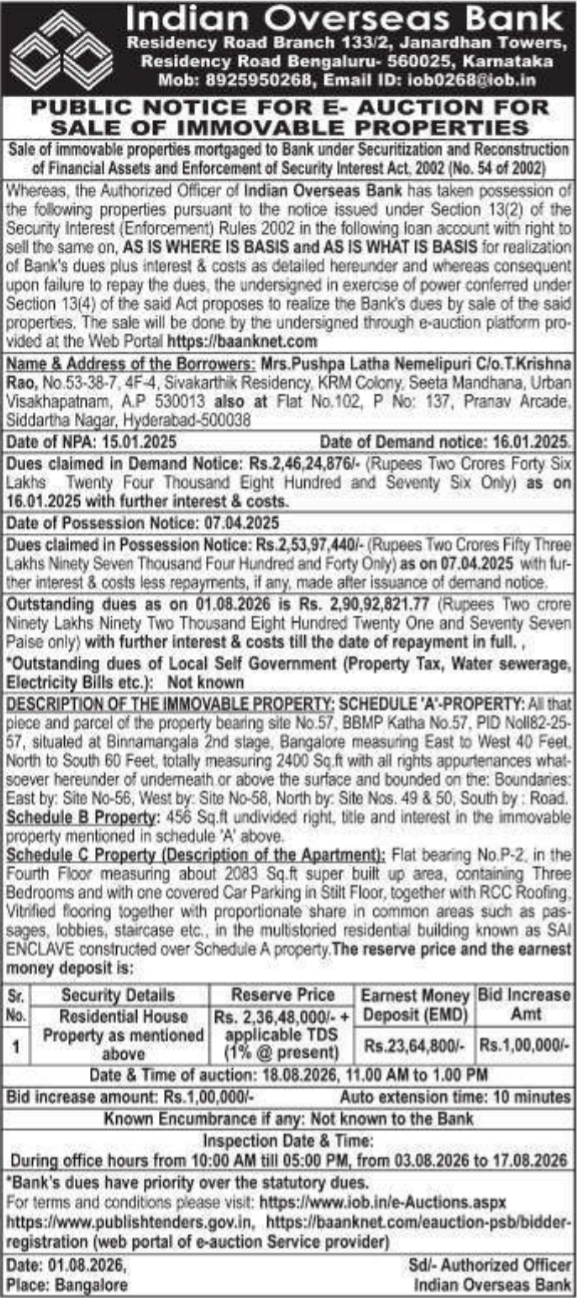 Public Notice for E-Auction of Immovable Properties (Indian Overseas Bank)