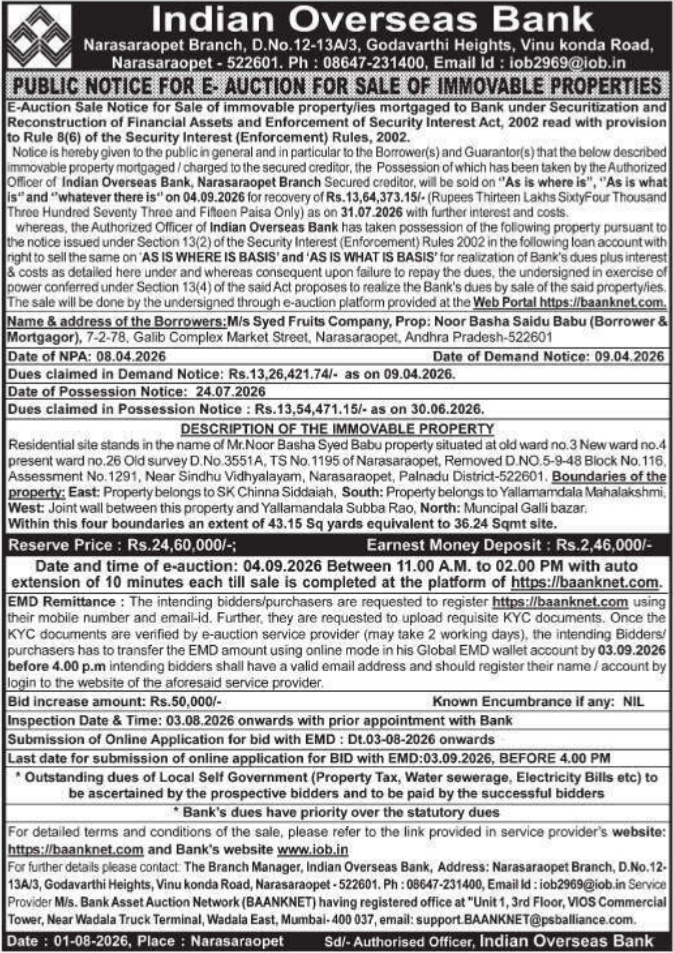 Public Notice for E-Auction of Immovable Properties (Indian Overseas Bank )
