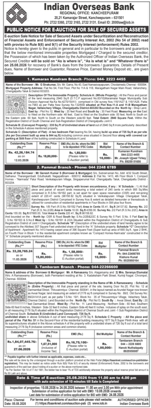 Public Notice for E-Auction Sale of Secured Assets by Indian Overseas Bank Kancheepuram