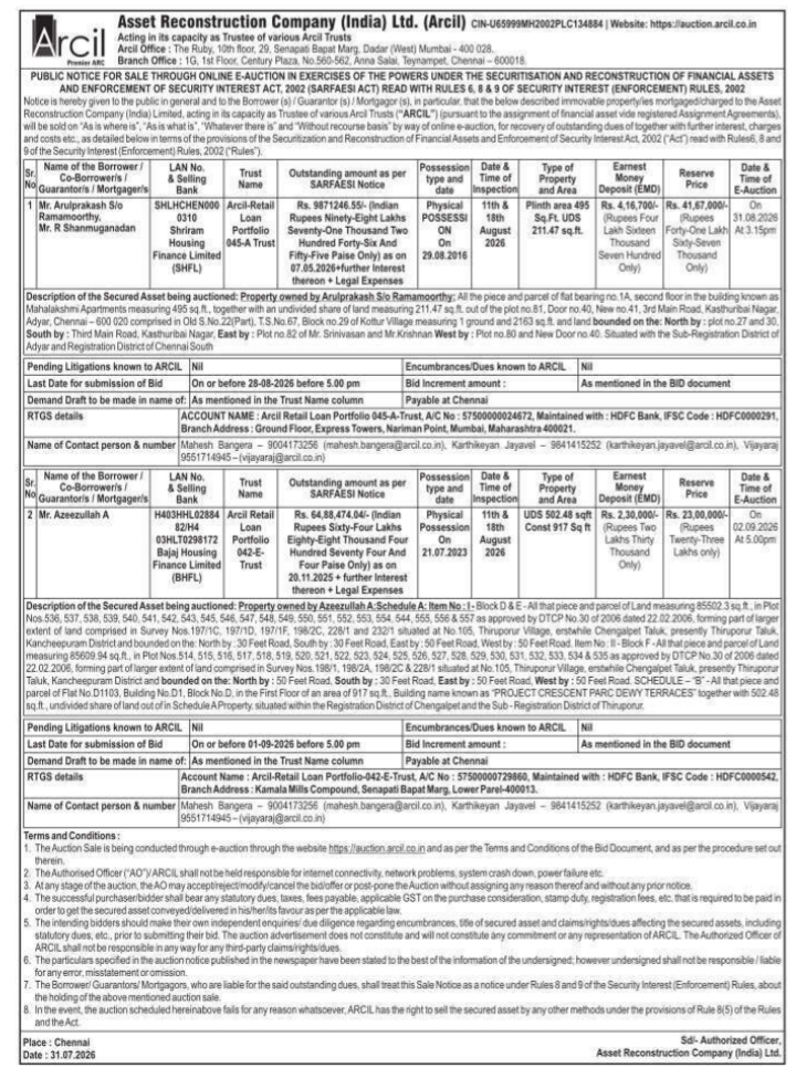 Public Notice for Online E-Auction by Arcil
