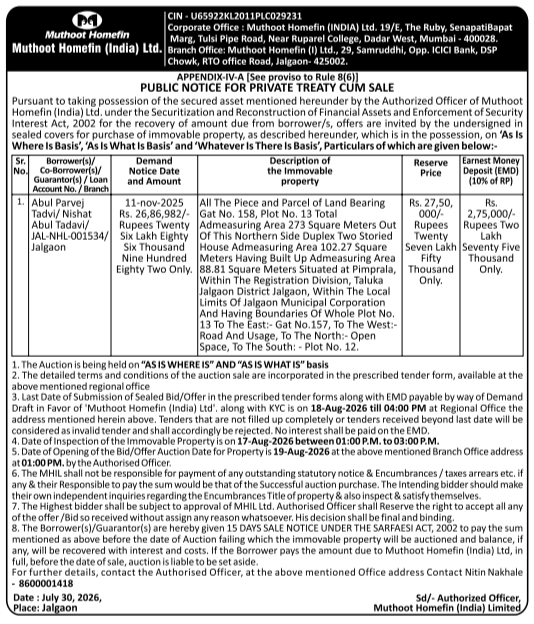 Public Notice for Private Treaty Cum Sale by Muthoot Homefin