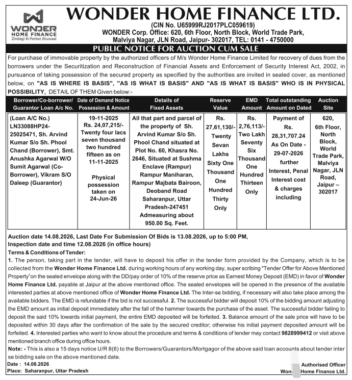 Public Notice for Property Auction by Wonder Home Finance