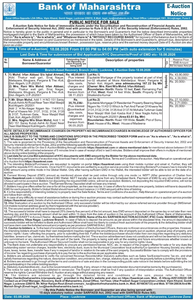 Public Notice For Sale via E-Auction