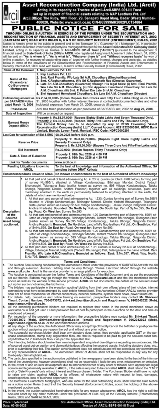 Public Notice for Sale via Online E-Auction of Secured Real Estate Assets