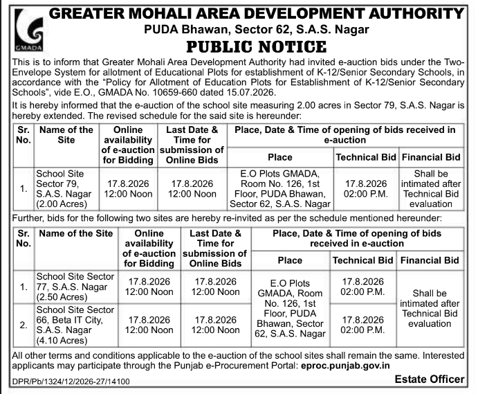 Public Notice for School Site E-Auction by GMADA S.A.S. Nagar