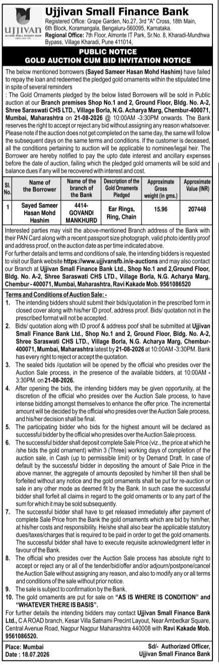 Public Notice: Gold Auction Cum Bid Invitation Work Ujjivan Small Finance Bank, Chembur