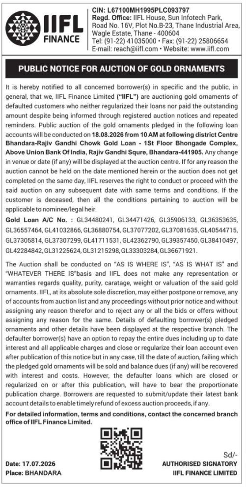 Public Notice: Gold Ornament Auction at IIFL Finance, Bhandara