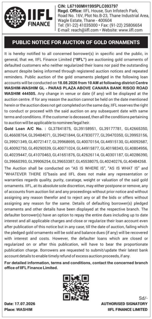 Public Notice: Gold Ornament Auction at IIFL Finance, Washim