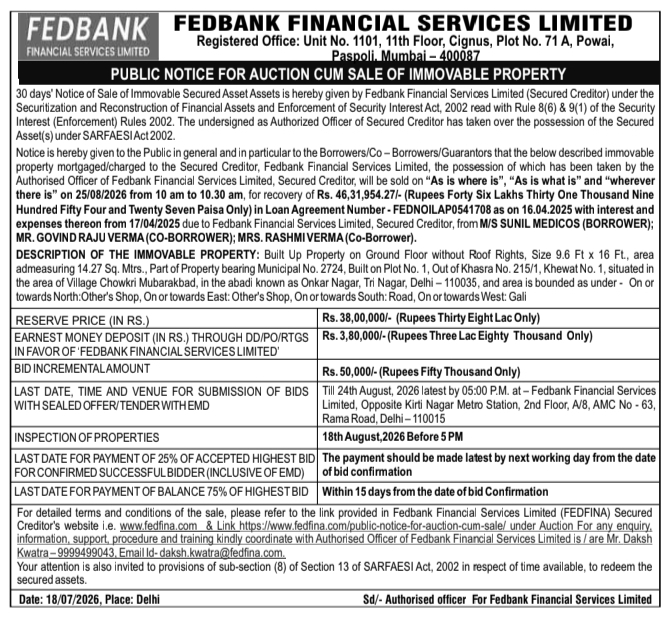 Public Notice: Immovable Property Auction Work Fedbank Financial Services Limited, Delhi