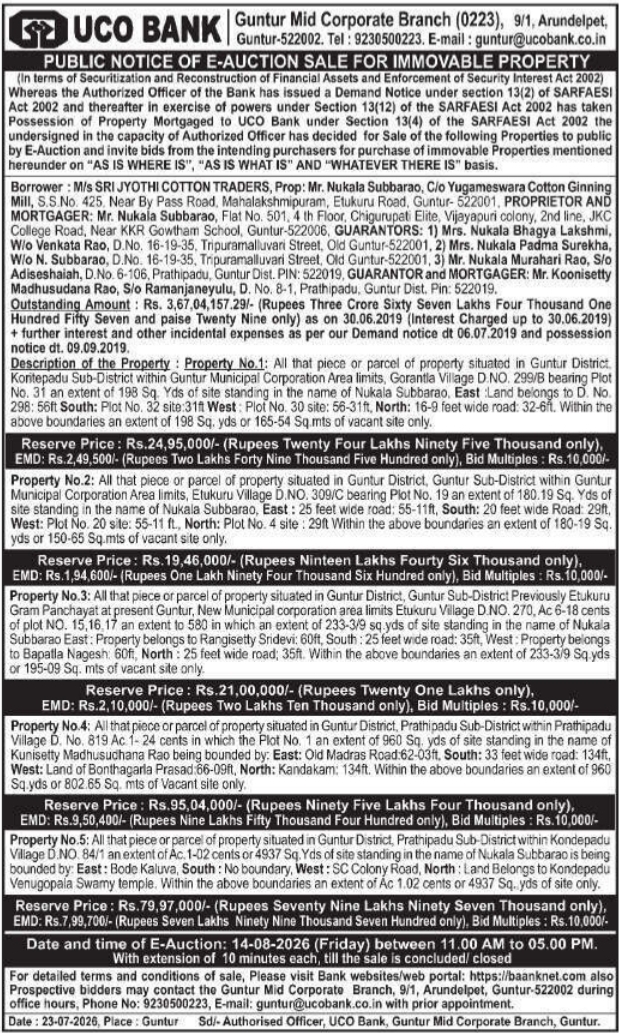 Public Notice of E-Auction Sale for Immovable Property by UCO Bank