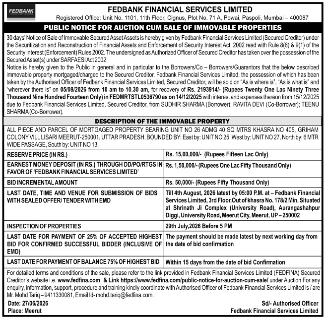 Public Notice: Property Auction Sale, Fedbank Financial Services
