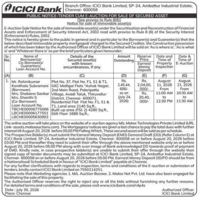 Public Notice-Tender Cum E-Auction by ICICI Bank
