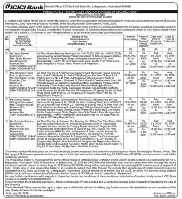 Public Notice-Tender Cum E-Auction by ICICI Bank