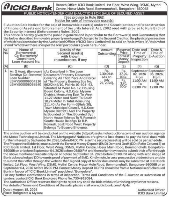 Public Notice-Tender Cum E-Auction for Sale of Secured Asset by ICICI Bank