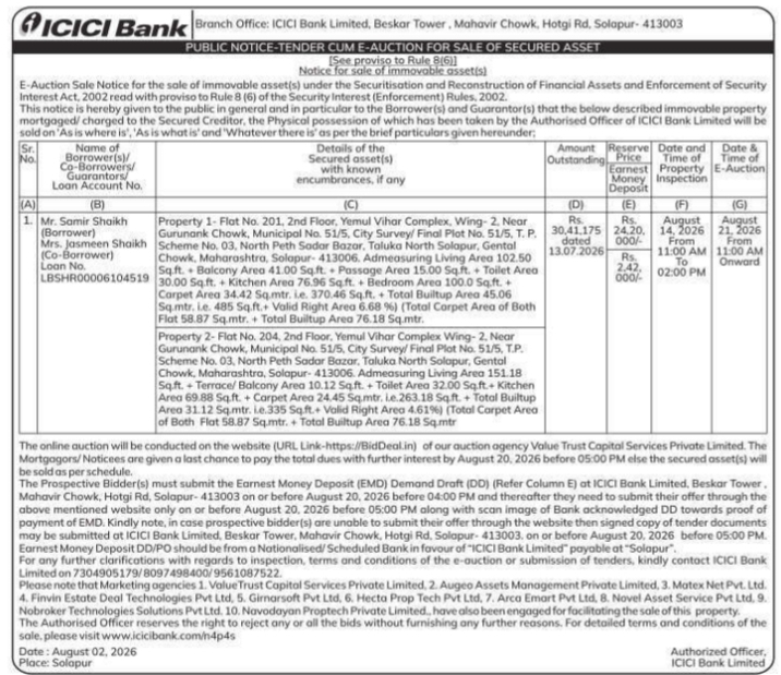 Public Notice Tender Cum E-Auction (ICICI Bank)