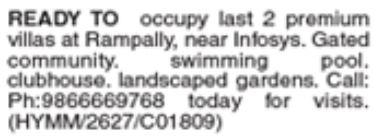 Ready to Occupy Premium Villas For Rent in Rampally