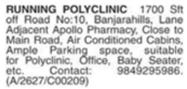 Running Polyclinic Space for Rent: Banjara Hills, Hyderabad