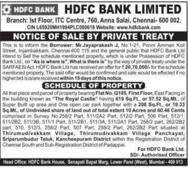 Sale Notice by Private Treaty for Flat in Thirumudivakkam