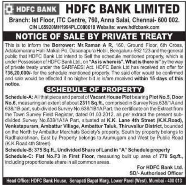 Sale Notice by Private Treaty for Property in Venkatapuram