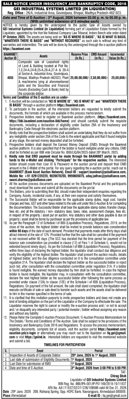 Sale Notice: E-Auction of GEI Industrial Systems Limited (In Liquidation)