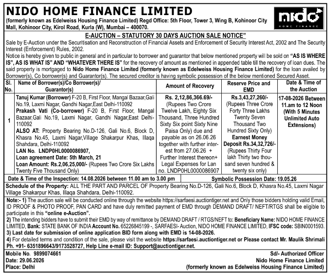 Sale Notice: E-Auction of Immovable Property by Nido Home Finance Limited