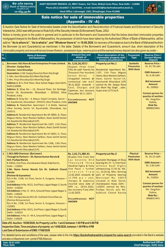 Sale Notice for Immovable Properties by Bank of Maharashtra