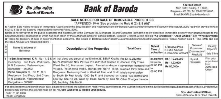 Sale Notice for Immovable Properties via E-Auction (Bank of Baroda)