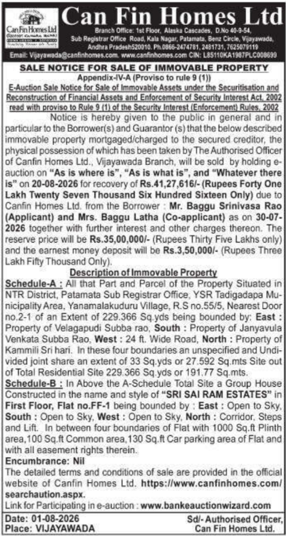 Sale Notice for Immovable Property via E-Auction (Can Fin Homes Ltd)