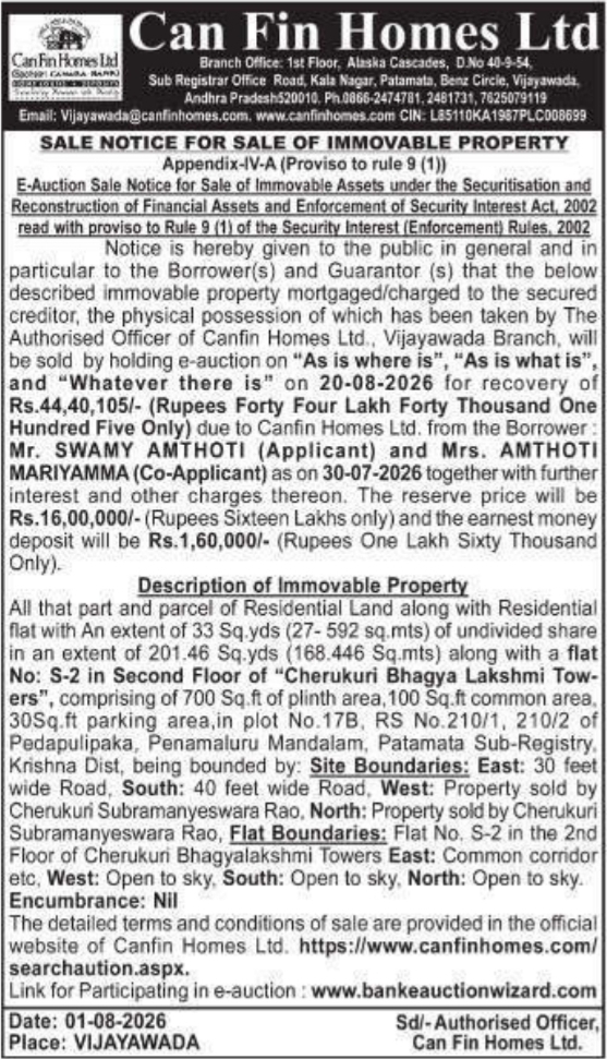 Sale Notice for Immovable Property via E-Auction (Can Fin Homes Ltd)