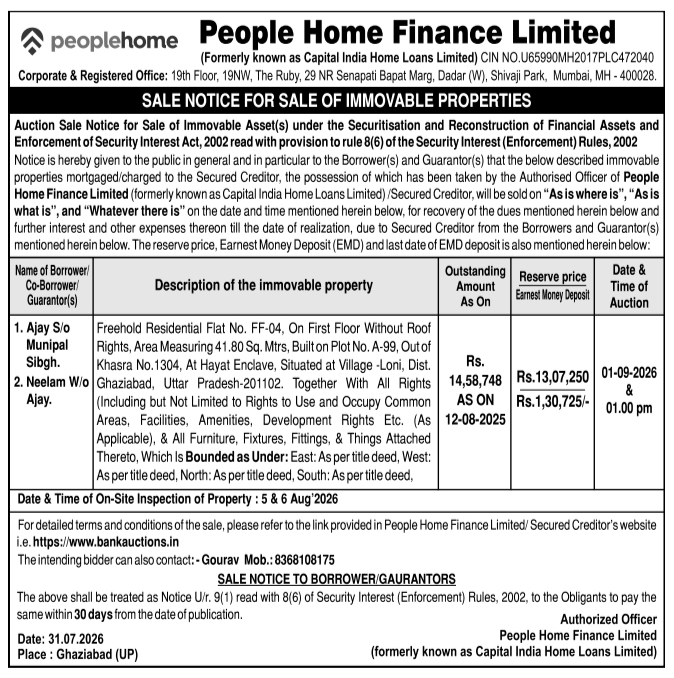 Sale Notice for Residential Property by People Home Finance