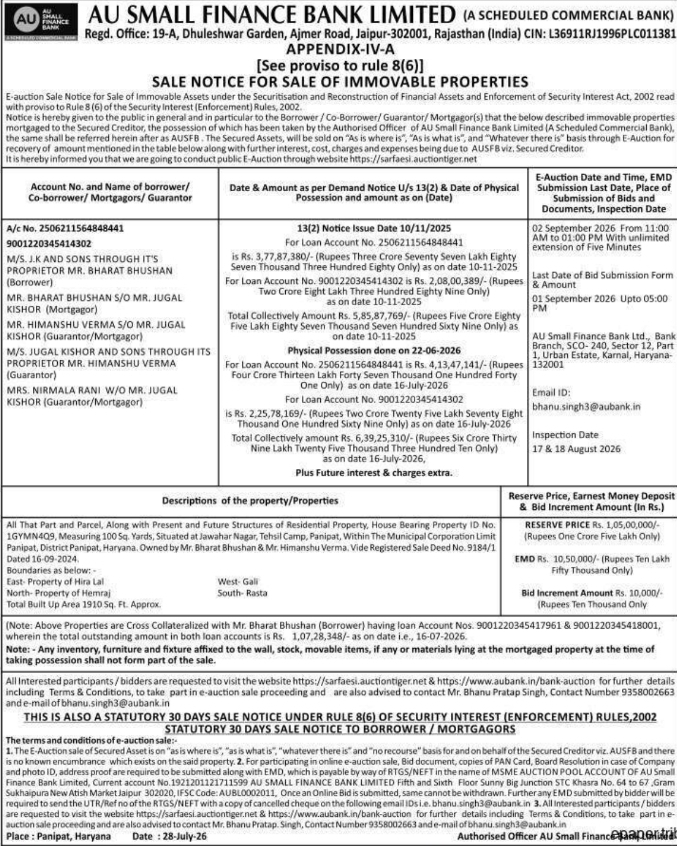 Sale Notice for Sale of Immovable Properties by AU Small Finance Bank Limited