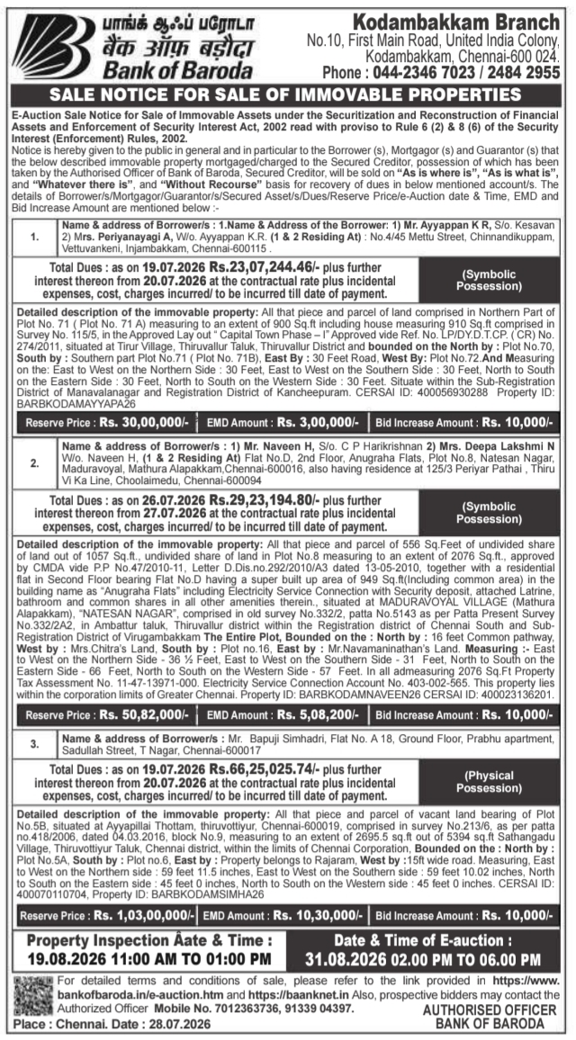 Sale Notice for Sale of Immovable Properties by Bank of Baroda