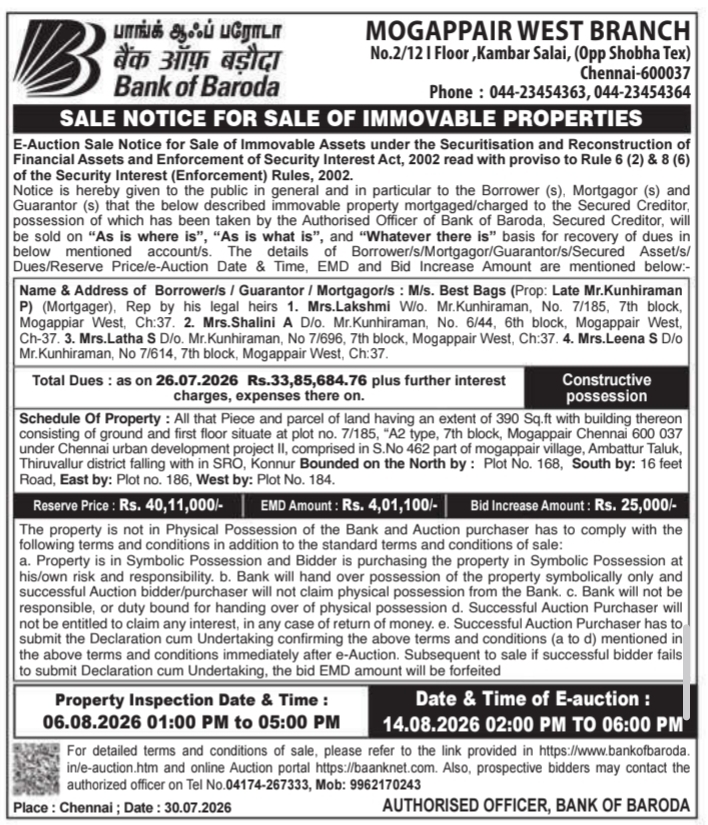Sale Notice for Sale of Immovable Properties by Bank of Baroda