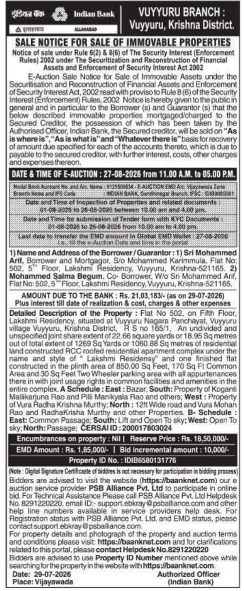 Sale Notice for Sale of Immovable Properties by Indian Bank