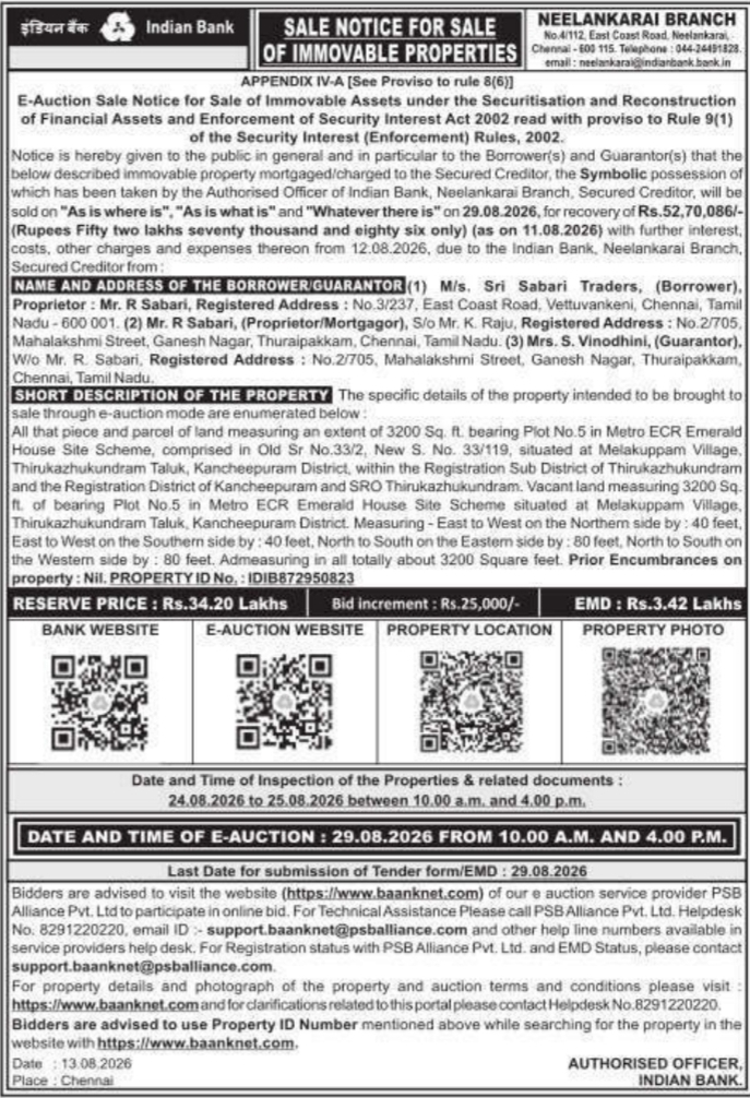 Sale Notice for Sale of Immovable Properties by Indian Bank