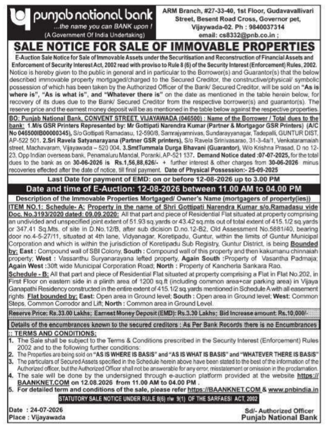 Sale Notice for Sale of Immovable Properties by Punjab National Bank
