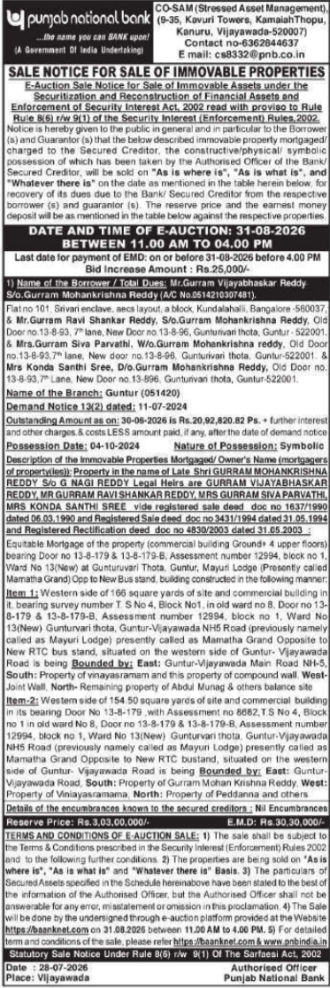 Sale Notice for Sale of Immovable Properties by Punjab National Bank