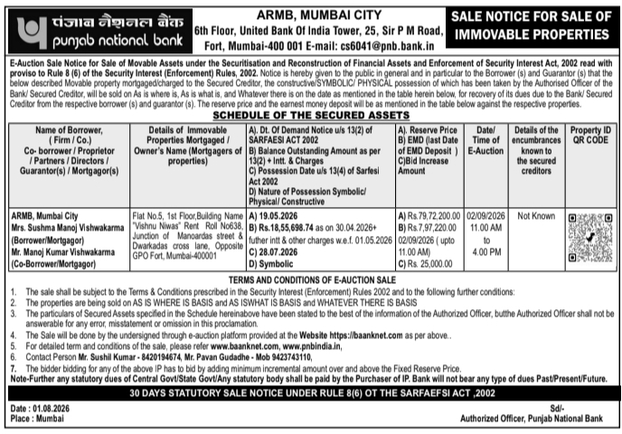 Sale Notice for Sale of Immovable Properties by Punjab National Bank