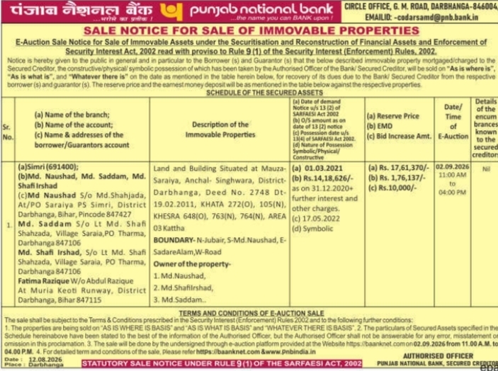 Sale Notice for Sale of Immovable Properties by Punjab National Bank