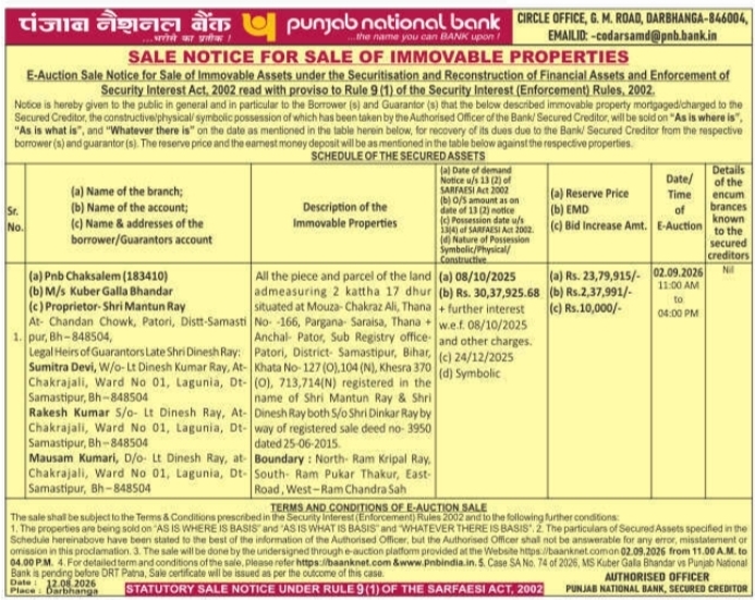 Sale Notice for Sale of Immovable Properties by Punjab National Bank