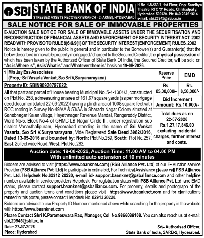 Sale Notice for Sale of Immovable Properties by State Bank of India