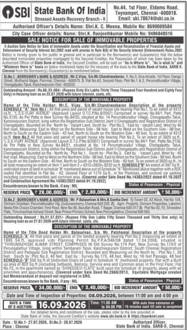 Sale Notice for Sale of Immovable Properties by State Bank of India