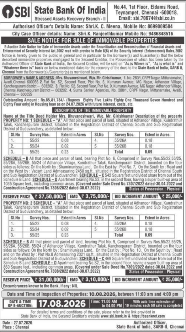 Sale Notice for Sale of Immovable Properties by State Bank of India
