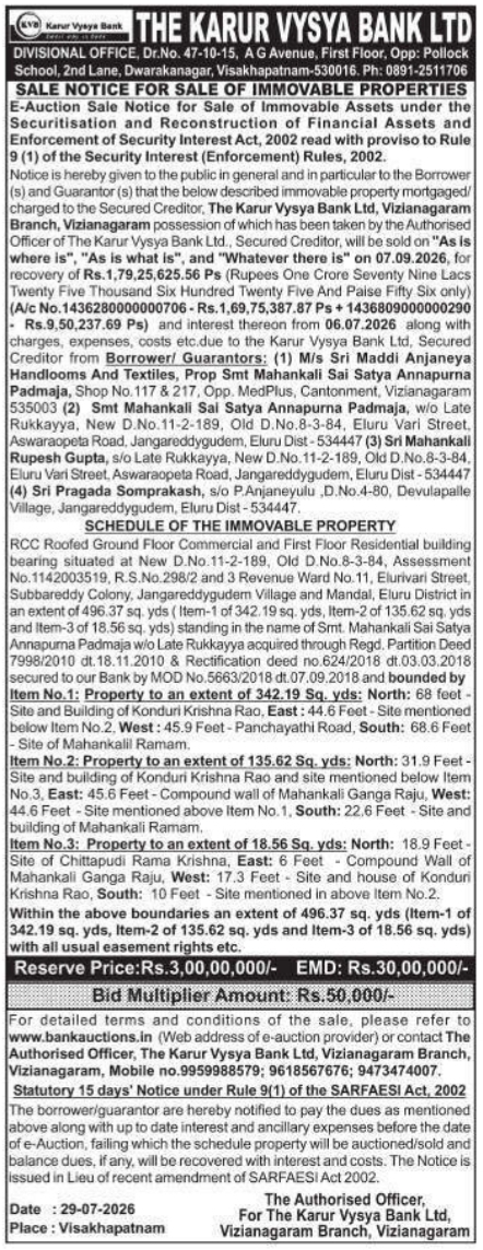 Sale Notice for Sale of Immovable Properties by The Karur Vysya Bank