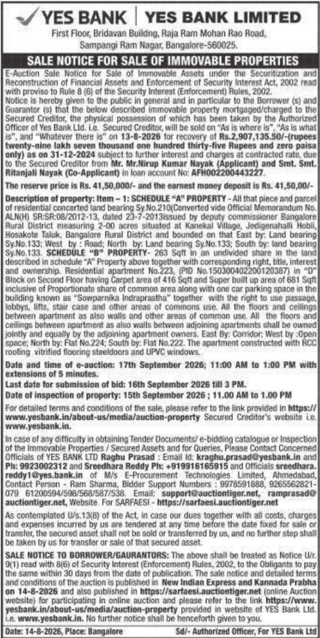 Sale Notice for Sale of Immovable Properties by Yes Bank