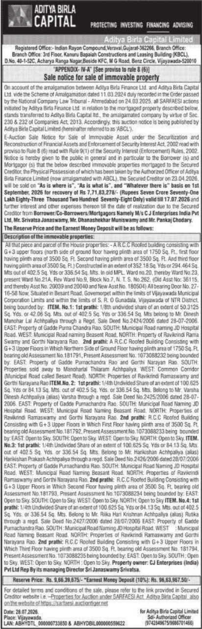 Sale Notice for Sale of Immovable Property by Aditya Birla Capital Limited