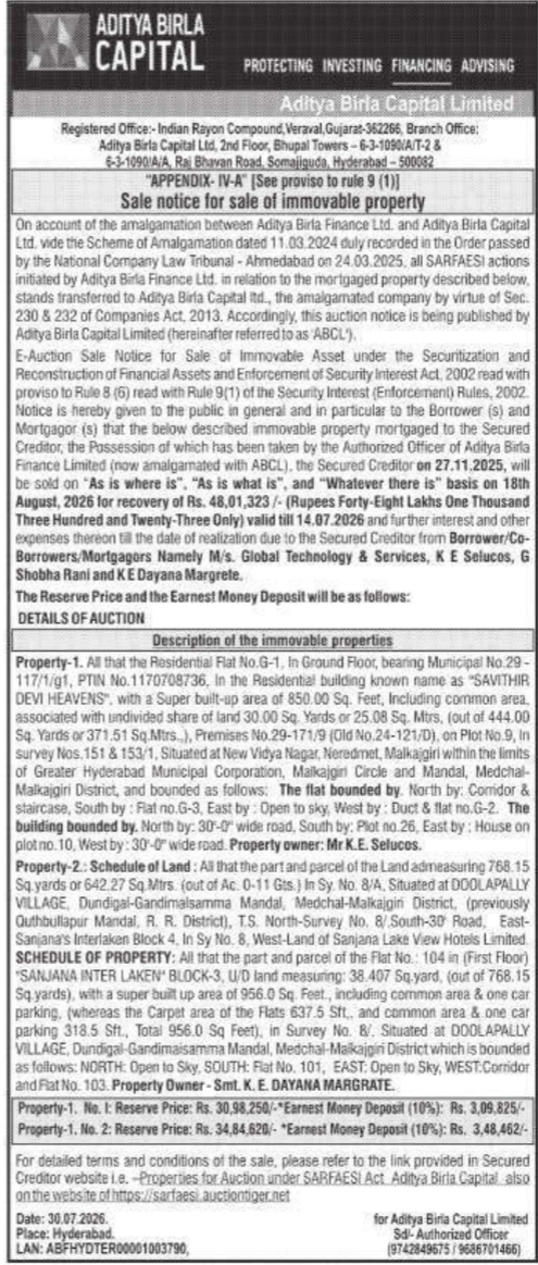 Sale Notice for Sale of Immovable Property by Aditya Birla Capital Limited